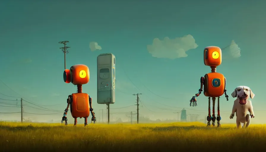 Image similar to tall cute robot with his best dog friend, by Simon Stalenhag, unreal engine, octane render, 8k, rule of thirds