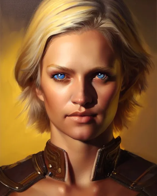 Image similar to full body character art of beautiful female huntress, pretty face, symmetrical features, short blonde hair, by james gurney, volumetric lighting, detailed, oil painting