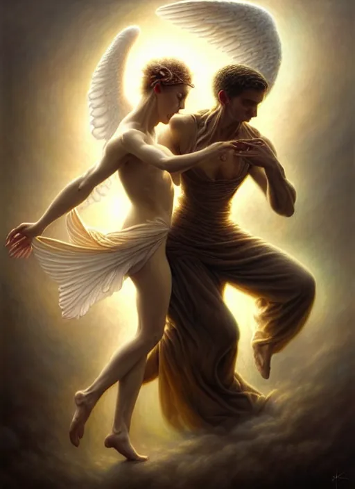 Image similar to man dancing with an angel, fine art, intricate, elegant, highly detailed, realistic hair, centered, digital painting, art station, conceptual art, soft, sharp focus, illustration, artwork, artgerm, tomasz alen kopera, peter mohrbacher, donato giancola, wlop, boris vallejo