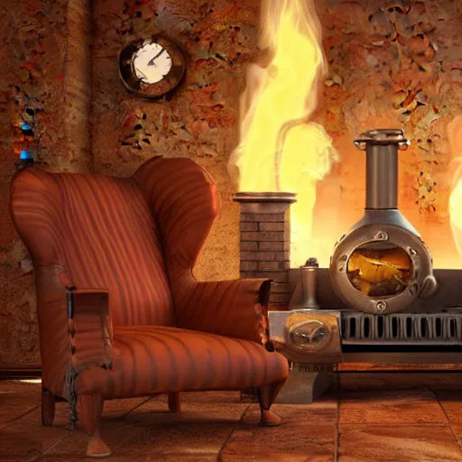 Image similar to a 3 d render of steampunk cat sits in a chair in front of a fireplace in a book lined room and smokes a pipe, high realistic, high detailed, octane render