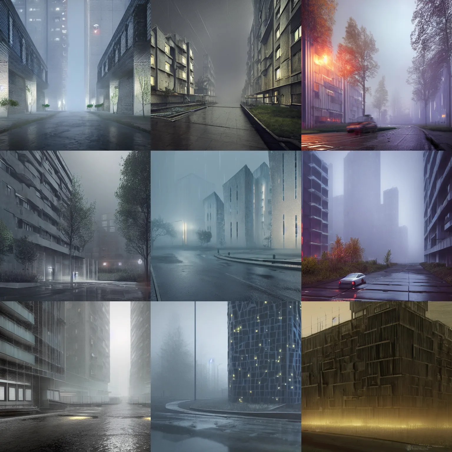 Prompt: Glowing magical will-o-wisps on a rainy street, Soviet town, mass housing, Soviet five-story panel buildings, brutal concrete architecture, lush vegetation, foggy, post-processing, in the style of Hugh Ferriss, Behance. High detail, ultra realistic render, octane, 3D, photorealism, symmetric, cinematic