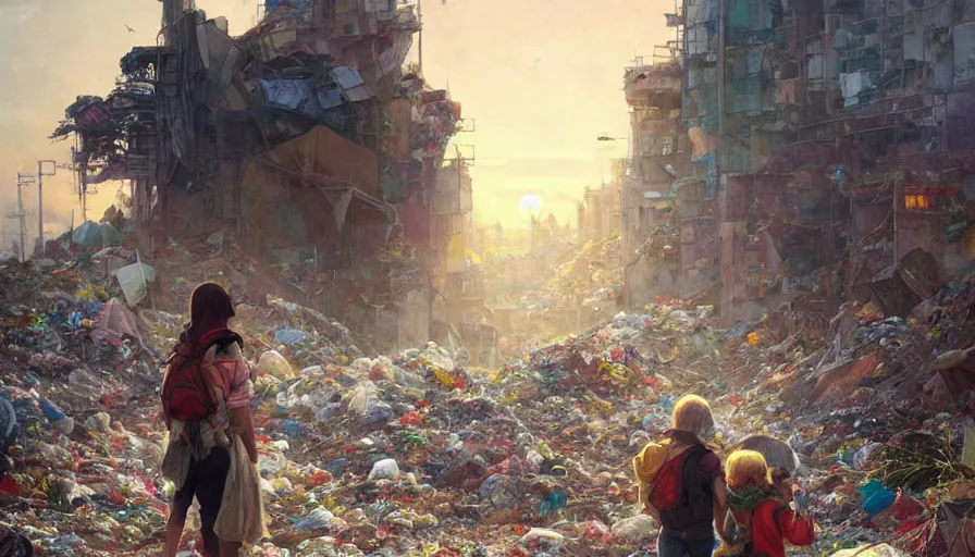 Image similar to poor detailed mom with child with backpack looking for food at garbage dump, city is pure wasteland, sunset in background, detailed characters, alphonse mucha, greg rutkowski, trending on artstation, artgerm, breathtaking, sharp focus, smooth, mark arian, award winning, highly detailed 4 k art