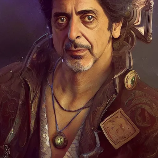 Image similar to Al Pacino , D&D, fantasy, intricate, elegant, highly detailed, digital painting, artstation, concept art, matte, illustration, hearthstone, art by Artgerm and Greg Rutkowski and Alphonse Mucha, Simon Stalenhag, hyperreal