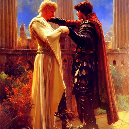 Image similar to attractive, arthur pendragon in love with attractive male, merlin the mage. highly detailed painting by gaston bussiere, craig mullins, j. c. leyendecker