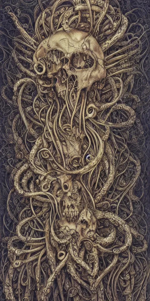 Prompt: abstract, fractal, liquid, melting, swirls, knots, weave, ink, flowers, leaves, gears, wires, bones, skulls, tentacles by hr giger and agostino arrivabene