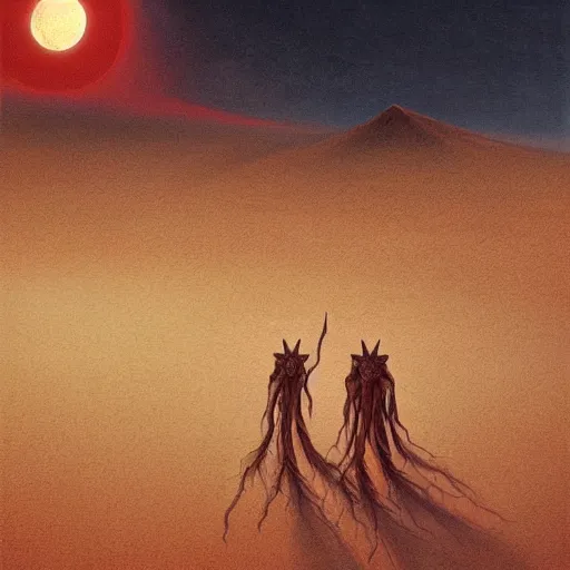 Image similar to Satanic church on a desert, red moon, by Dariusz Zawadzki and zdzisaw beksinski, imax film quality, trending on Artstation