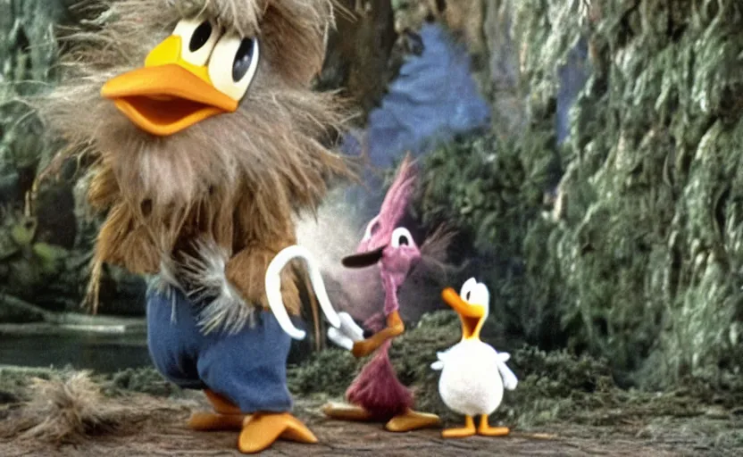 Prompt: a still of donald duck in the dark crystal,