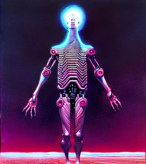 Image similar to a scifi illustration, a godlike ai comes online by thomas ligotti and wayne barlowe