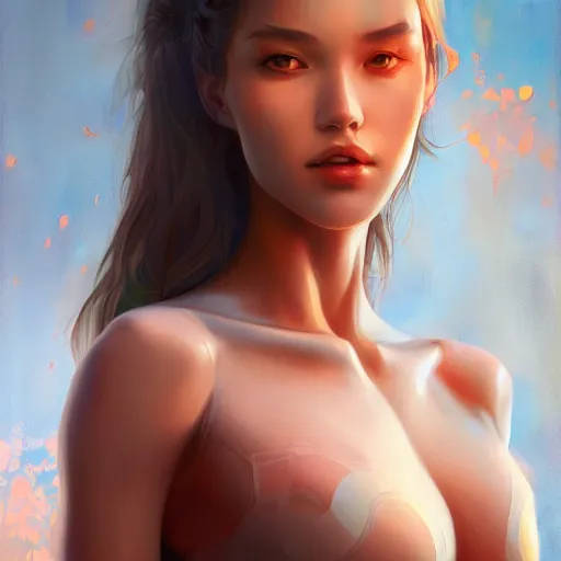 Image similar to Art station concept of a beautiful girls body, showing a lot of skin, hypnotic eyes, symmetrical face, by Stanley Artgerm Lau, WLOP, Rossdraws, James Jean, Andrei Riabovitchev, Marc Simonetti, and Sakimichan, trending on artstation