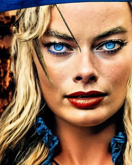 Image similar to a photo of blue eyed margot robbie as a pirate, cinematic, award winning, 4k