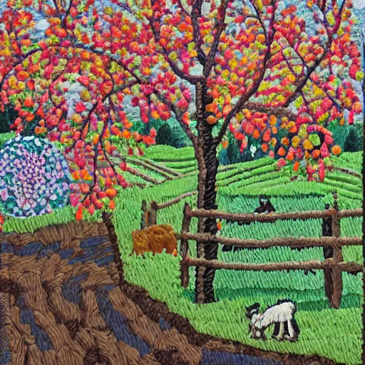 Image similar to A beautiful street art depicting a farm scene. The street art shows a view of an orchard with trees in bloom. appliqué needlework, Hadean by Charles Camoin, by Ed Binkley bleak, earthy