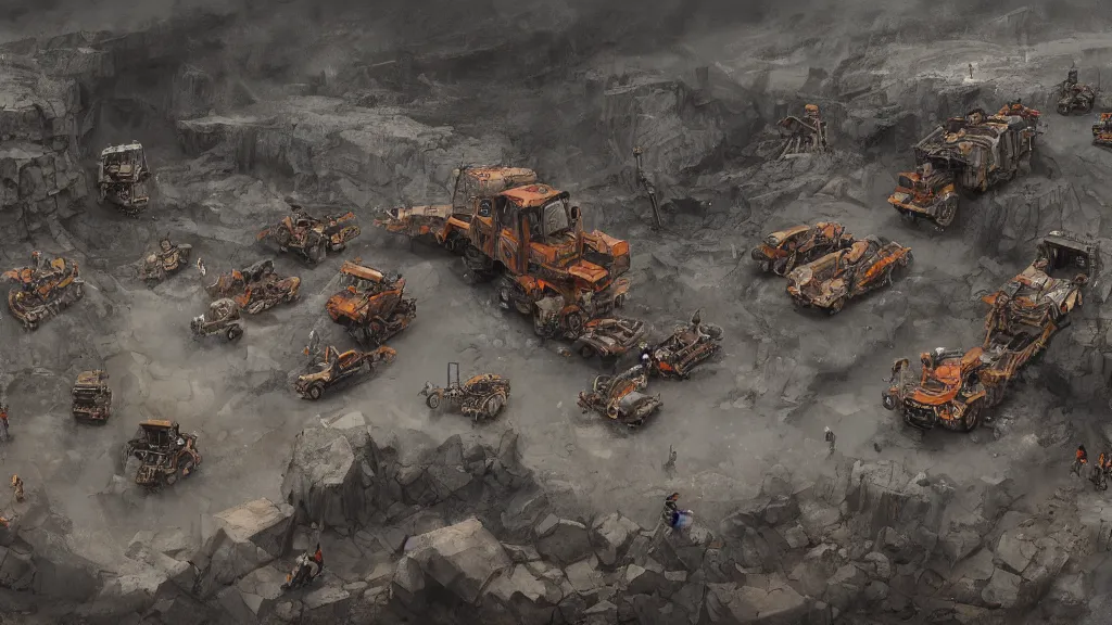 Prompt: top down view of busy deep quarry with miners, papyrus, watercolored, jakub rozalski, dark colours, dieselpunk, artstation