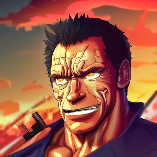 Image similar to Portrait of Schwarzenegger as a character of One Piece, mattepainting concept Blizzard pixar maya engine on stylized background splash comics global illumination lighting artstation lois van baarle, ilya kuvshinov, rossdraws