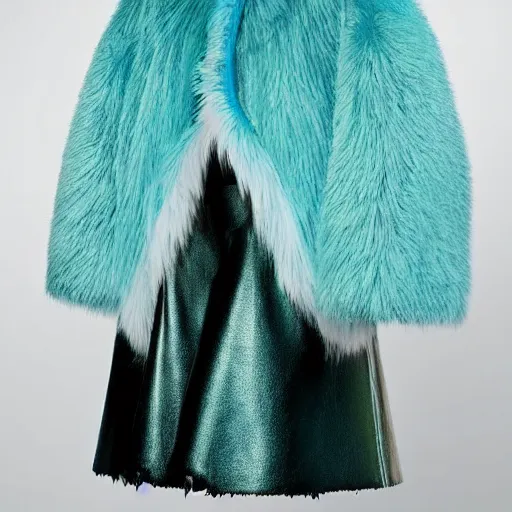 Image similar to an award - winning editorial photo of a cropped baggy medieval jacket made of very fluffy teal faux fur : : with a reflective iridescent leather oversized collar, dramatic lighting, designed by alexander mcqueen