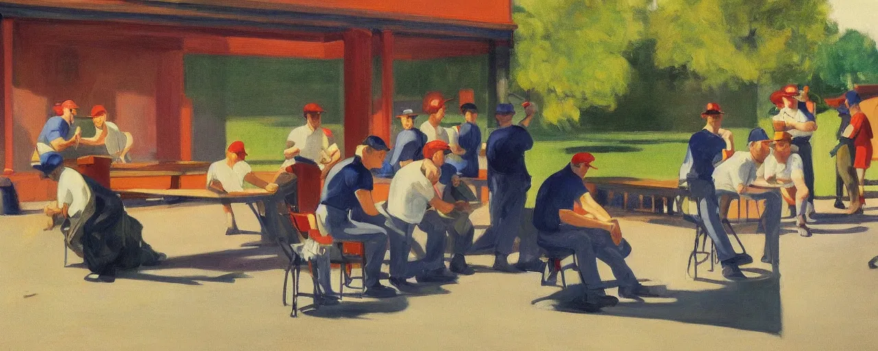 Prompt: a group of guys drinking beer and playing baseball at a local park, picture in the style of Edward Hopper