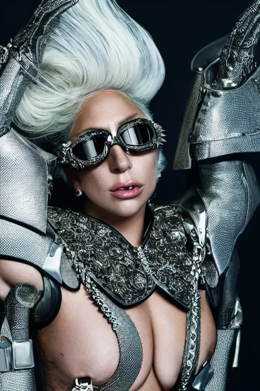 Image similar to very ashamed and angry lady gaga forced by gucci for modeling in gucci armor, luxury materials, symmetrical, cinematic, elegant, professional studio light, real dlsr photography, sharp focus, 4 k, ultra hd, sense of awe, high fashion