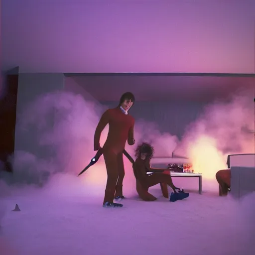 Prompt: first-person perspective view of people wearing shiny skiwear having a party inside of a 1970s luxury bungalow with a sunken living room with a square hole in the ground with fog and light-emitting, at dusk, ektachrome photograph, f8 aperture