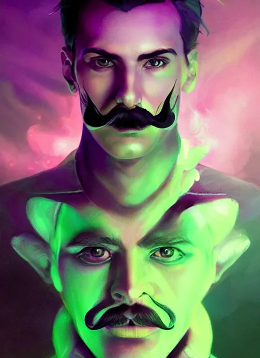 Prompt: symmetry!! a portrait young tech mage with a salvador dali moustache and a soul patch by artgerm and greg rutkowski, purple and green colors, neon light, volumetric lighting, mystical vibe, magical, very detailed, intricate, 4 k