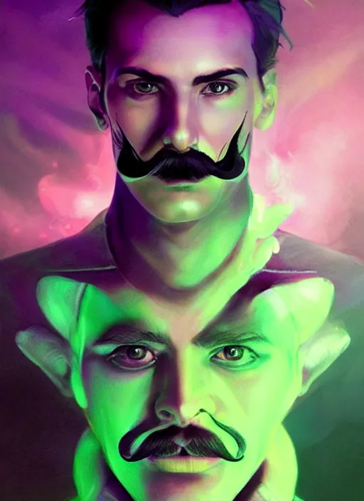 Image similar to symmetry!! a portrait young tech mage with a salvador dali moustache and a soul patch by artgerm and greg rutkowski, purple and green colors, neon light, volumetric lighting, mystical vibe, magical, very detailed, intricate, 4 k