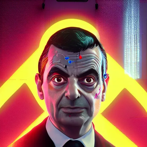 Prompt: mr bean portrait, cyberpunk 2 0 7 7, cyberpunk, photorealistic, ultra detailed, neon, octane, bokeh, cinematic lighting, cyber, cyberpunk city, studio quality, feature, scars, cyberface, 8 k