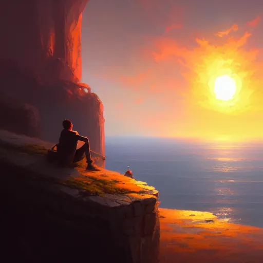 Image similar to a man sitting on a cliff watching the sun explode, painting, digital art, harsh lighting, 4 k hd wallpaper, trending on art station, art by greg rutkowski and andreas rocha, 8 k