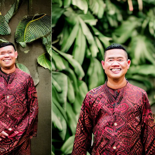 Image similar to A Photo Portrait of Joe Wearing Indonesian Batik Tulis at a fancy Balinese restaurant, award winning photography, sigma 85mm Lens F/1.4, blurred background, perfect faces