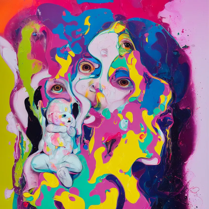 Image similar to woman holding a baby, an ultrafine detailed painting by peter max and francis bacon and fiona rae and maryam hashemi and hernan bas and anna mond, featured on deviantart, metaphysical painting, pop surrealism, melting paint, biomorphic, mixed media, photorealistic, dripping paint, palette knife texture, masterpiece