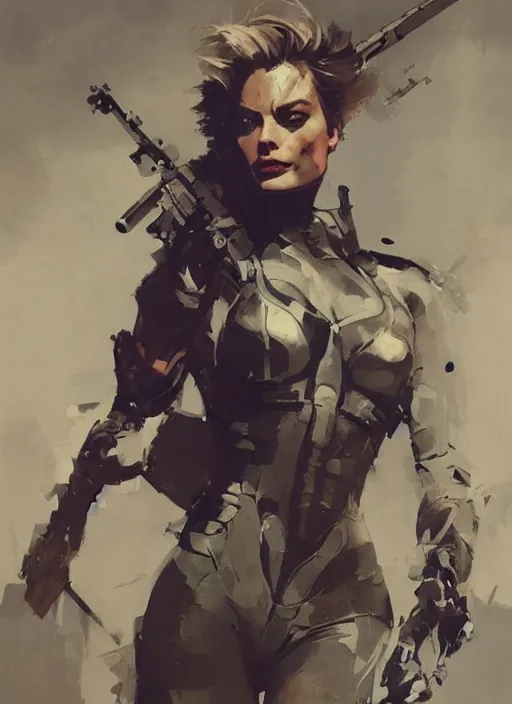 Image similar to Margot Robbie wearing metal gear armor holding ak-47 dramatic lighting art by Yoji Shinkawa by Richard Schmid by greg rutkowski by Sandra Chevrier by Jeremy Lipking cinematic dramatic