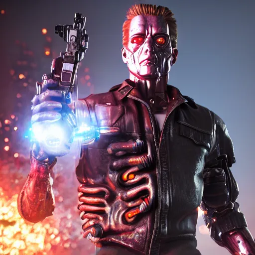 Prompt: the terminator with beautiful flowers in his hands, unreal 5, hyperrealistic, octane render, cosplay, RPG portrait, dynamic lighting