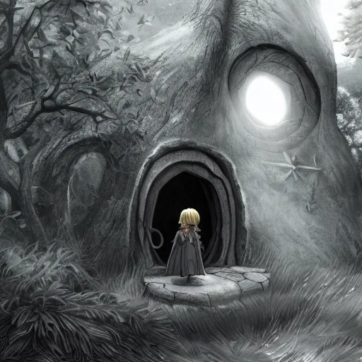 Prompt: cute hobbit hole from lord of the rings, character design contest winner, silhouette, artstation, vray, anime girl, black and white, gothic dress