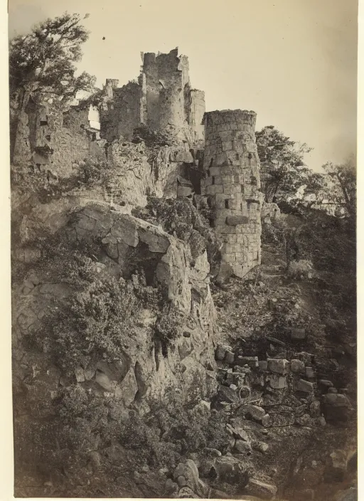 Prompt: Antique photograph of an alsacian castle in ruins atop rock formations, surrounded by forest, chromolithograph, Smithsonian American Art Museum