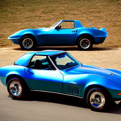 Image similar to blue 1 9 6 9 corvette and a silver 1 9 9 9 miata. 3 5 mm 8 k