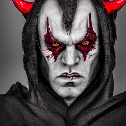 Image similar to portrait of the dark lord with horns, consumed by the dark powers, red eyes, wearing a robes, highly detailed, photography, 8k