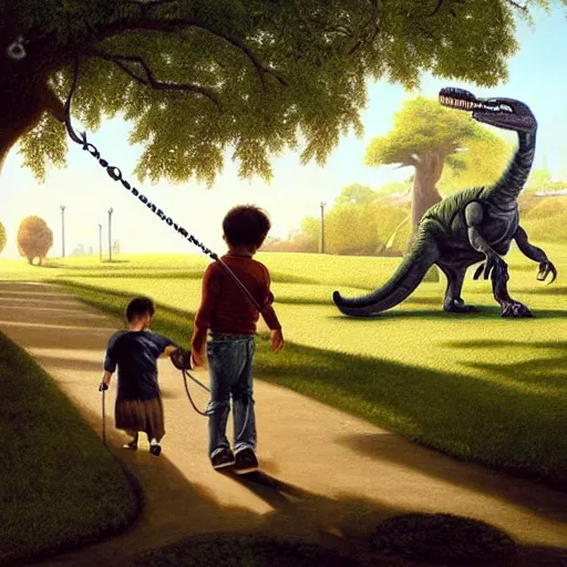 Image similar to a kid at the park walking a dinosaur with a leash, renaissance oil painting by George Lucas and Jarosław Jaśnikowski and Dan Mumford