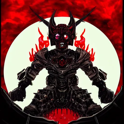 Image similar to a dark matter angry portrait demon in iron armor with diamonds sits on the black throne of death and looks with red eyes into the darkness against the background of a bright red sun