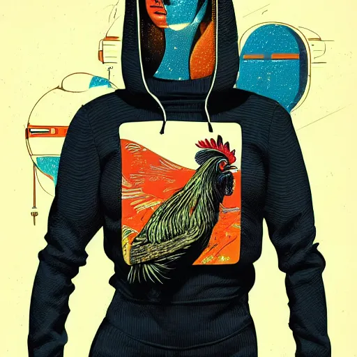 Prompt: a portrait of a robotic rooster wearing a hoodie, science fiction, retro cover, high details, intricate details, by vincent di fate, artgerm julie bell beeple, 60s, inking, vintage 60s print, screen print