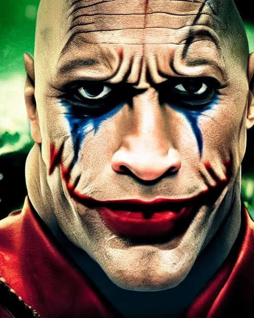 Image similar to Film still close-up shot of Dwayne The Rock Johnson as The Joker from the movie The Dark Knight. Photographic, photography