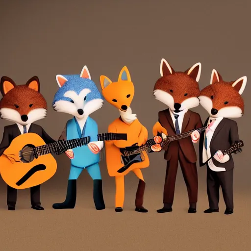 Prompt: music album cover, with anthropomorphic foxes animals dressed in suits, holding guitars, on a beach, all looking at camera, studio lighting, 8 5 mm f / 1. 4