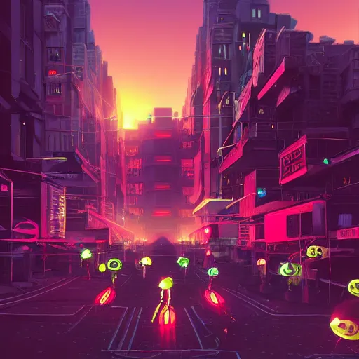 Image similar to beautiful 3 d illustration about a futuristic, dystopian street with droids and robots at sunset. lot of neons. trending on artstation