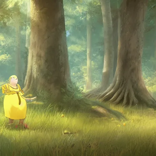 Prompt: concept art painting of an anthropomorphic elderly chubby doe wearing yellow dress, in the deep forest, realistic, detailed, cel shaded, in the style of makoto shinkai and greg rutkowski and james gurney