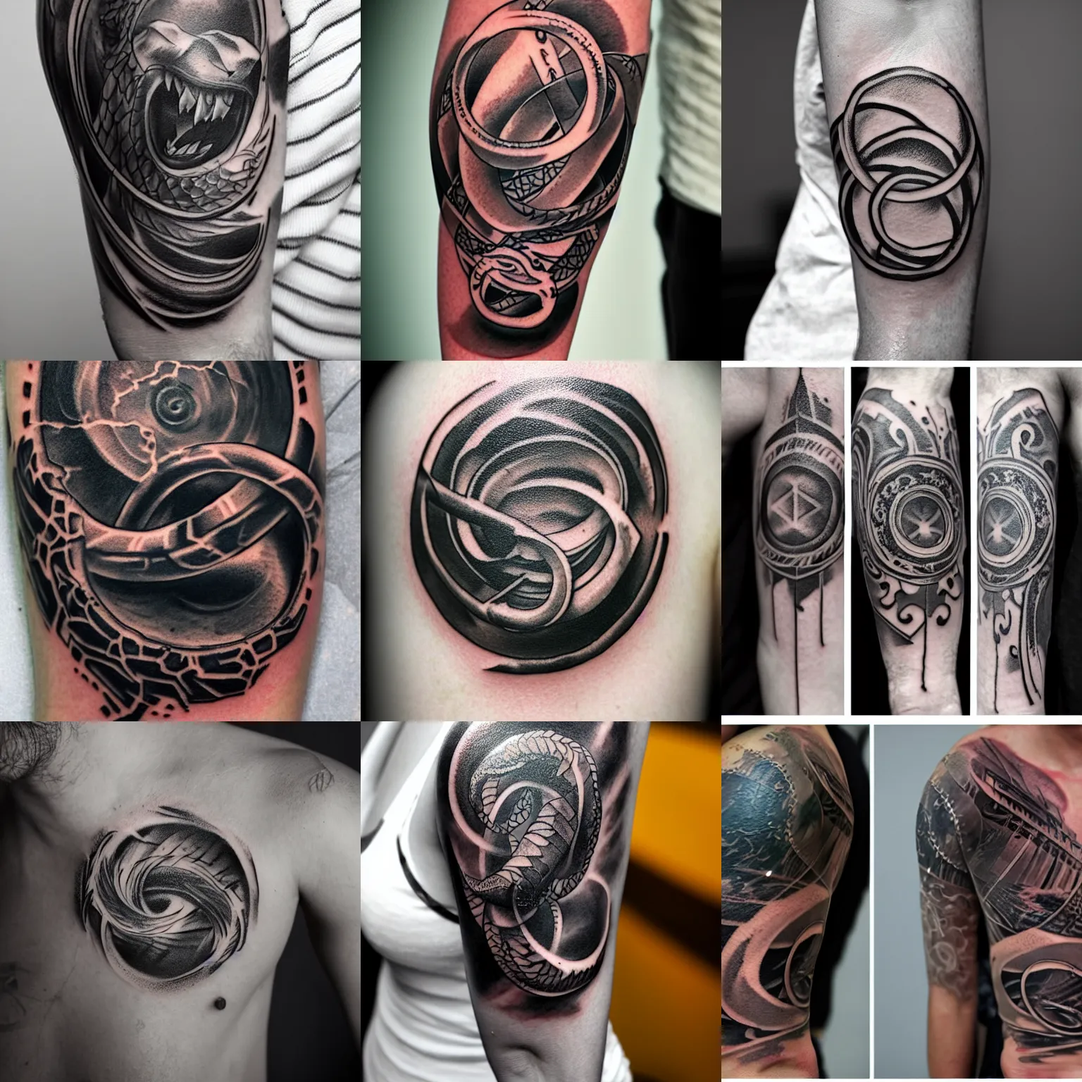 Prompt: tattoo of an exploding ouroboros, on arm, studio photography