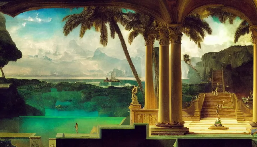 Image similar to From Inside the giant Palace, mediterranean balustrade and columns line, refracted sparkles, thunderstorm, greek pool, beach and Tropical vegetation on the background major arcana sky and occult symbols, by paul delaroche, hyperrealistic 4k uhd, award-winning, very detailed paradise