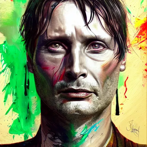 Prompt: a Demon Slayer portrait of Mads Mikkelsen, tall, pale-skinned, slender with lime green eyes and long eyelashes by Stanley Artgerm, Tom Bagshaw, Arthur Adams, Carne Griffiths, trending on Deviant Art, street art, face enhance, chillwave, maximalist, full of color, glittering
