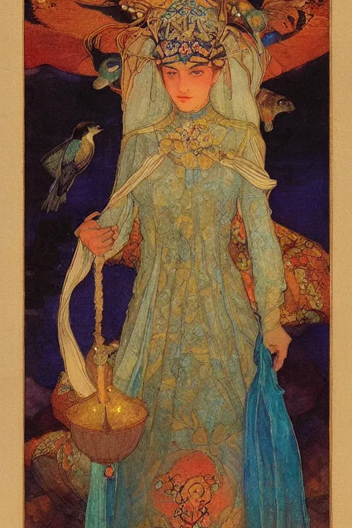 Image similar to queen of the dawn with her lantern and birds, by Annie Swynnerton and Nicholas Roerich Edmund Dulac, elaborate headdress and embroidered velvet, iridescent beetles, rich color, dramatic cinematic lighting, extremely detailed