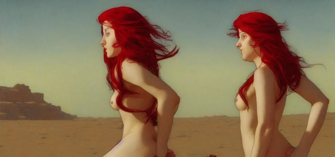 Prompt: hard sci fi nurse with long red hair, in a huge desert, by emile friant and moebius