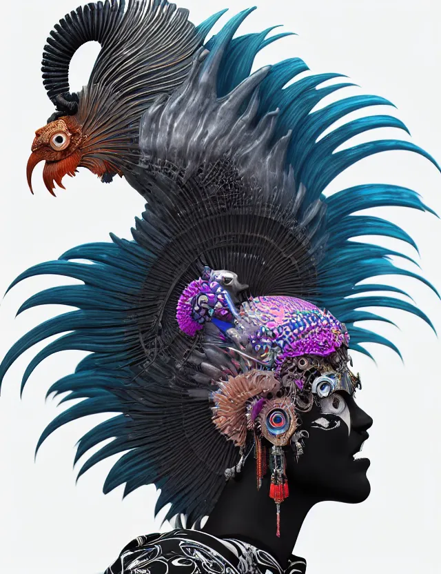 Image similar to 3 d goddess close - up profile portrait punk with mohawk with ram skull. beautiful intricately detailed japanese crow kitsune mask and clasical japanese kimono. betta fish, jellyfish phoenix, bio luminescent, plasma, ice, water, wind, creature, artwork by tooth wu and wlop and beeple and greg rutkowski