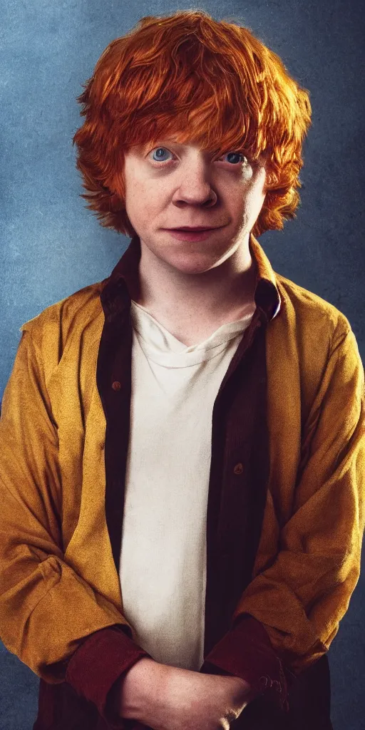 Image similar to photo photorealistic portrait photograph of Rupert Grint as Ronald Weasley. william adolphe bouguereau. During golden hour. soft light Extremely detailed. detailed photograph Beautiful. 4K. Award winning.