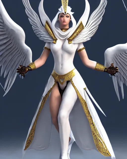 Image similar to perfect white haired egyptian goddess wearing white dove wings, warframe armor, regal, attractive, ornate, sultry, beautiful, charlize theron, half asian, pretty face, blue eyes, detailed, scifi platform, 4 k, ultra realistic, volumetric lighting, illuminated, cinematic, masterpiece, art by akihito tsukushi, voidstar