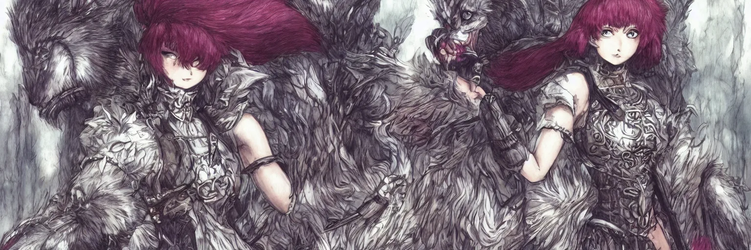 Image similar to a beautiful dressed furry girl, artstation hq, stylized, award winning, dark phantasy, colored illustration from berserk, created by kentaro miura