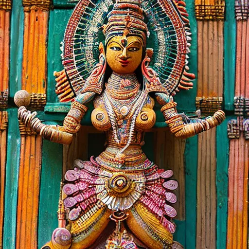 Image similar to a woman wearing an armor and headdress. the armor and headdress is made out of the colors, textures and sculptures of the meenakshi temple in madurai. intricate. detailed.